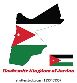 Map outline and flag of Jordan, a horizontal triband of black, white and green; with a red chevron based on the hoist side containing a white star. with name text Hashemite Kingdom of Jordan.