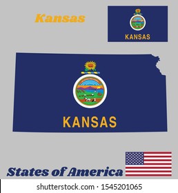 Map outline and flag of Kansas, the states of America. Seal of Kansas on a field of azure, a sunflower is displayed above the seal and the word "Kansas” below.