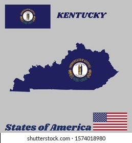 Map outline and flag of Kentucky, the Commonwealth's seal on blue color and words "Commonwealth of Kentucky" above and sprigs of goldenrod below. The states of America and USA flag.