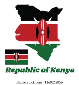 Map outline and flag of Kenya, A horizontal of black, white red, and green with two crossed white spears behind a red, and black Maasai shield. with name text Republic of Kenya.