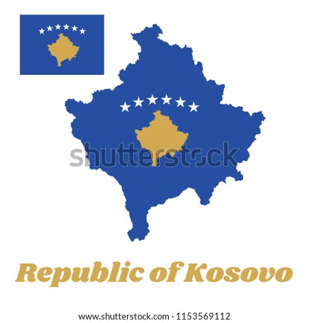 Map outline and flag of Kosovo, a blue field charged with a map of Kosovo in gold, surmounted by an arc of six, white five-pointed stars, in the centre. with name text Republic of Kosovo.