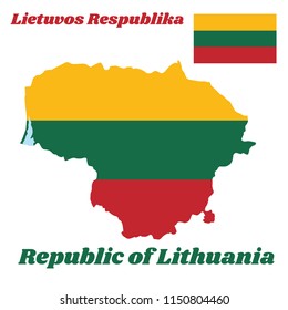 Map outline and flag of Lithuania, a horizontal triband of yellow, green and red. with name text Republic of Lithuania.