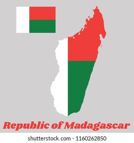 Map outline and flag of Madagascar, Two horizontal bands of red and green with a white vertical band on the hoist side. with name text Republic of Madagascar.