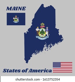 Map outline and flag of Maine and the state name. Obverse of the Seal of Virginia on an azure field. The state of America with USA flag.