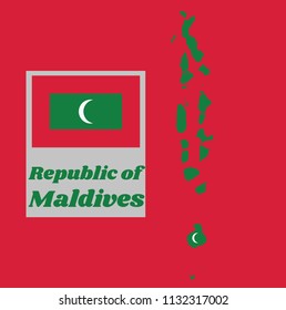 Map outline and flag of Maldives, green with a red border. The centre bears a vertical white crescent. with name text republic of Maldives.