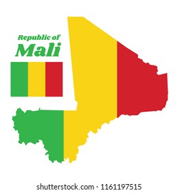 Map outline and flag of Mali, A vertical tricolor of green, gold and red. with name text Republic of Mali.