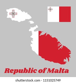 Map outline and flag of Malta, a vertical bicolor of white and red with the representation of the George Cross edged. with name text Republic of Malta.