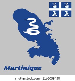 Map outline and flag of Martinique, Four white snake on blue field and white cross in the center. with name text Martinique.