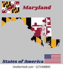 Map Outline And Flag Of Maryland, Heraldic Banner Of George Calvert, 1st Baron Baltimore. With American Flag.