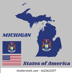 Map outline and flag of Michigan and the state name. State coat of arms on a dark blue field. The state of America with USA flag.