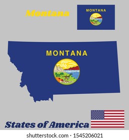 Map outline and flag of Montana, the states of America. Seal of Montana on a blue field. Above the seal the text "Montana”.