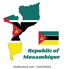 Map outline and flag of Mozambique, a horizontal of green, white-edged black and yellow with the red isosceles triangle bearing the yellow star an AK-47 assault rifle with the bayonet on an open book.