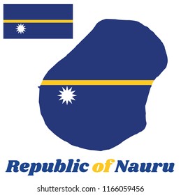 Map outline and flag of Nauru, A blue field with the thin yellow narrow horizontal stripe across in the center and the large white star. with name text Republic of Nauru.