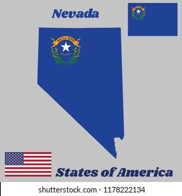 Map outline and flag of Nevada, Solid cobalt blue field. The canton contains two sagebrush branches encircling a silver star with the text Nevada and Battle Born. With American flag.