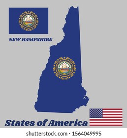 Map outline and flag of New Hampshire. The State Seal of New Hampshire on a blue field surrounded by Laural leaves and nine stars, the states of America and USA flag.
