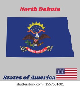 Map outline and flag of North Dakota. Flag of the unit by state troops in the Philippine-American War. The states of America and USA flag.