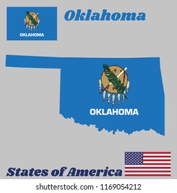 Map outline and flag of Oklahoma, Buffalo-skin shield with seven eagle feathers on a sky blue field. With American flag.