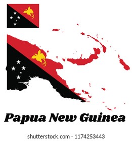 Map outline and flag of Papua New Guinea, triangle is red with the soaring Raggiana Bird of Paradise and the lower triangle is black with the Southern Cross of white star. with text Papua New Guinea.