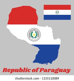 Map outline and flag of Paraguay, a horizontal triband of red, white and blue, with the coat of arms of Paraguay, text name Republic of Paraguay.