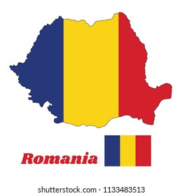 Map outline and flag of Romania, a vertical tricolor of blue, yellow, and red. with name text Romania.