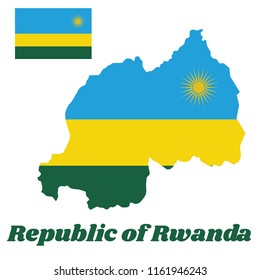Map outline and flag of Rwanda, A horizontal tricolor of blue, yellow and green with a yellow sun in the upper corner. with name text Republic of Rwanda.
