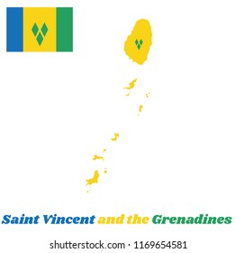 Map outline and flag of Saint Vincent. vertical tricolour of blue, gold and green with three green diamonds arranged in the V. with name text Saint Vincent and the Grenadines.