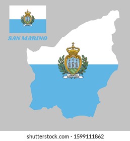 Map outline and flag of San marino and the country name, a horizontal bicolour of white and light blue; charged with the Coat of arms in the centre.