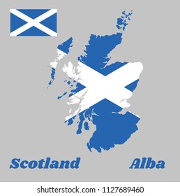 Map outline and flag of Scotland, it is a blue field with a white diagonal cross that extends to the corners, Scotland and Alba.