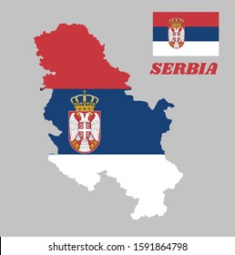 Map outline and flag of Serbia and the country name, a horizontal tricolor of red blue and white; charged with the lesser Coat of arms left of center.