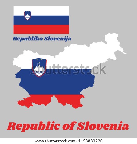 Map outline and flag of Slovenia, a horizontal tricolour of white, blue, and red; charged with the Coat of arms at the hoist side. with name text Republic of Slovenia.