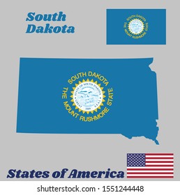 Map outline and flag of South Dakota, the states of America. The sun on sky blue with surrounded of gold text.