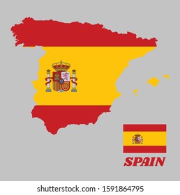 Map outline and flag of Spain and the country name, a horizontal of red yellow and red; charged with the Spanish coat of arms left of center.