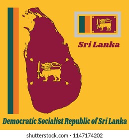 Map outline and flag of Sri Lanka, four color of green orange yellow and dark red with golden lion. with name text Democratic Socialist Republic of Sri Lanka.