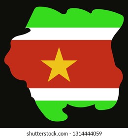 Map outline and flag of Suriname. A horizontal triband of green and red with large white border with the large yellow star centered on the red band. with name text Republic of Suriname.