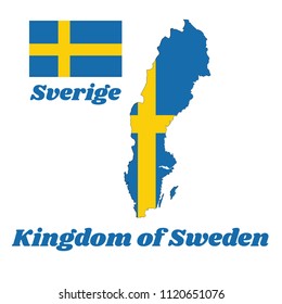 Map outline and flag of Sweden, it is consists of a yellow or gold Nordic Cross on a field of blue, with name text of Sverige and Kingdom Of Sweden.