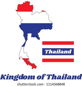Map outline and flag of Thai in blue red and white color with name text of Thailand.