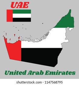 Map outline and flag of UAE, a A horizontal tricolor of green, white and black with a vertical one fourth width red bar at the hoist, and name text United Arab Emirates.