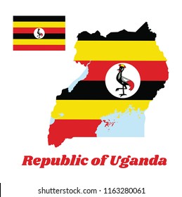 Map outline and flag of Uganda, horizontal bands of black yellow and red ; a white disc depicts the national symbol, a grey crowned crane. with name text Republic of Uganda.