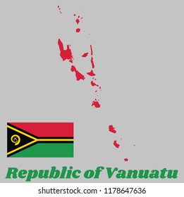 Map outline and flag of Vanuatu, red and green with black and yellow color boar's tusk encircling two crossed fern fronds in the center and the golden pall. with name text Republic of Vanuatu.