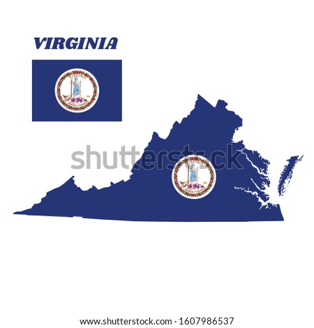Map outline and flag of Virginia and the state name. Obverse of the Seal of Virginia on an azure field.