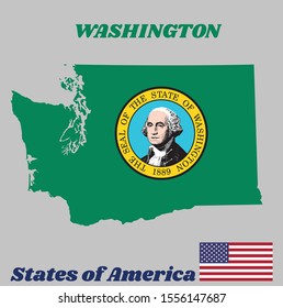 Map outline and flag of Washington, the state seal, displaying an image of state namesake George Washington on green, the states of America and USA flag.
