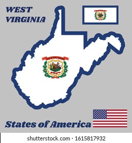 Map outline and flag of West Virginia and the state name. A pure white field bordered on four sides by a stripe of blue with the coat of arms in the center. The state of America with USA flag