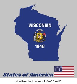 Map outline and flag of Wisconsin, coat of arms on dark blue field with the name of the state and the date 1848, the states of America and USA flag.