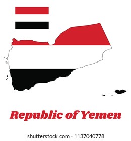 Map outline and flag of Yemen, a horizontal tricolour of red, white and black, name text Republic of Yemen.