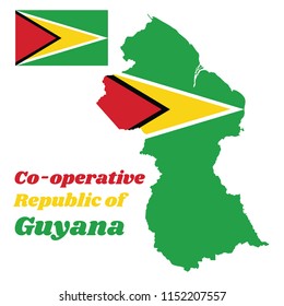Map outline of Guyana, a green field with the black red triangle and white golden triangle, also based on the hoist-side, text name Co operative Republic of Guyana.