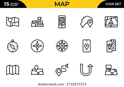 Conjunto de ícones da estrutura de tópicos do mapa. Contendo localização, GPS, navegação, mapa da cidade, atlas, rota, direção, pin e mais. Pacote fino de ícones de estrutura de tópicos. Ilustração vetorial