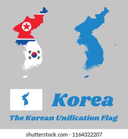 Map outline of North Korea, South Korea and Korean Peninsula  and flag of the both with The Korean Unification Flag, when North and South Korea participate as one team in sporting events. 