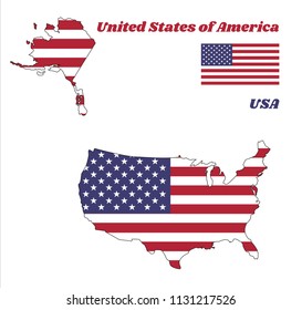 Map outline of USA, horizontal stripes of red and white with fifty white stars on a blue field, text name United States of America.