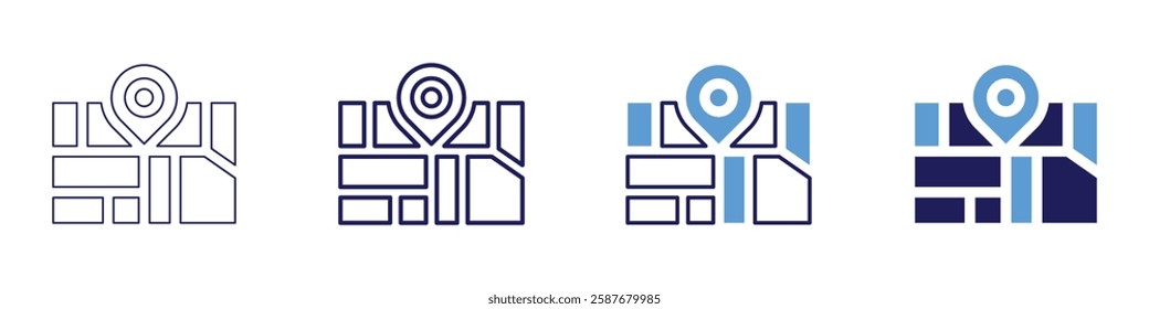 Map overlay icon in 4 different styles. Thin Line, Line, Bold Line, Duotone. Duotone style. Editable stroke.