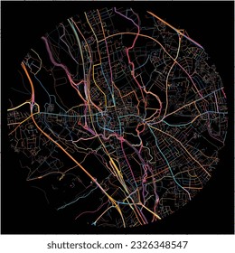 Map of Oxford, South East England with all major and minor roads, railways and waterways. Colorful line art on black background.